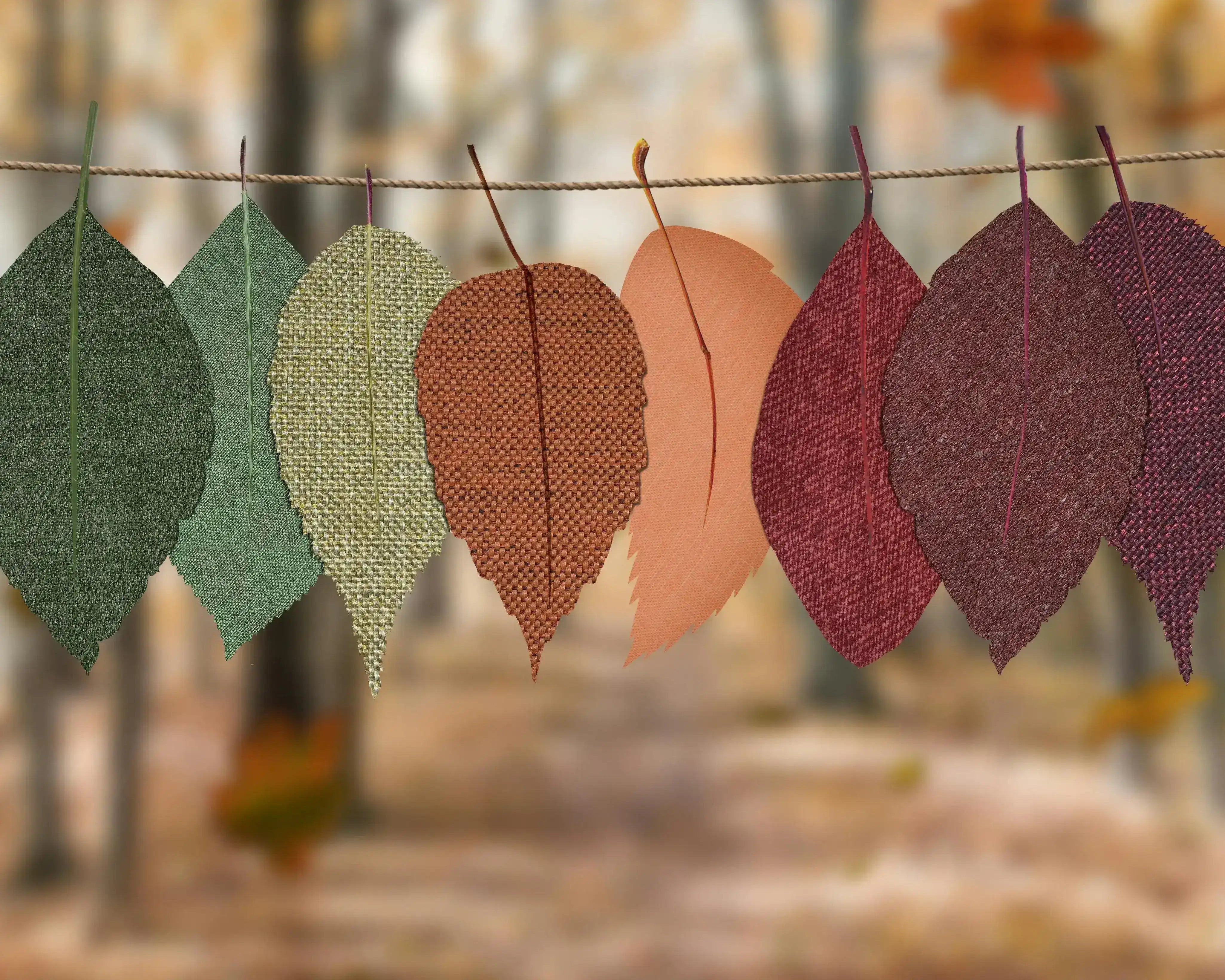 En rad tyglöv i höstfärger hänger på en lina framför en suddig skog.