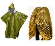 En bild med två föremål: en grön regnponcho och en person insvept i en guldfilt.